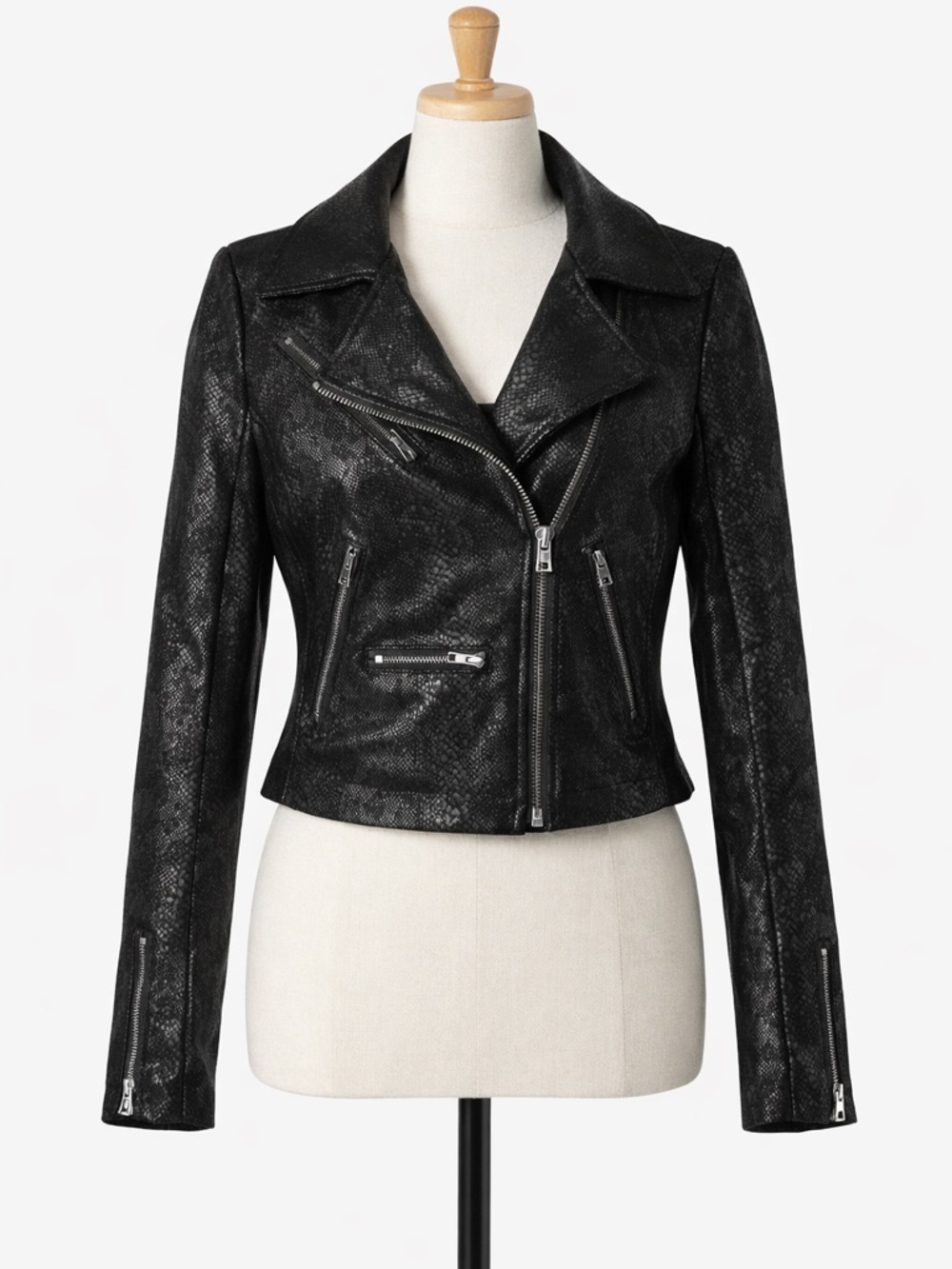 Olivaceous Wild Fern Womens S Black Snake Print Faux Leather Cropped Moto Jacket